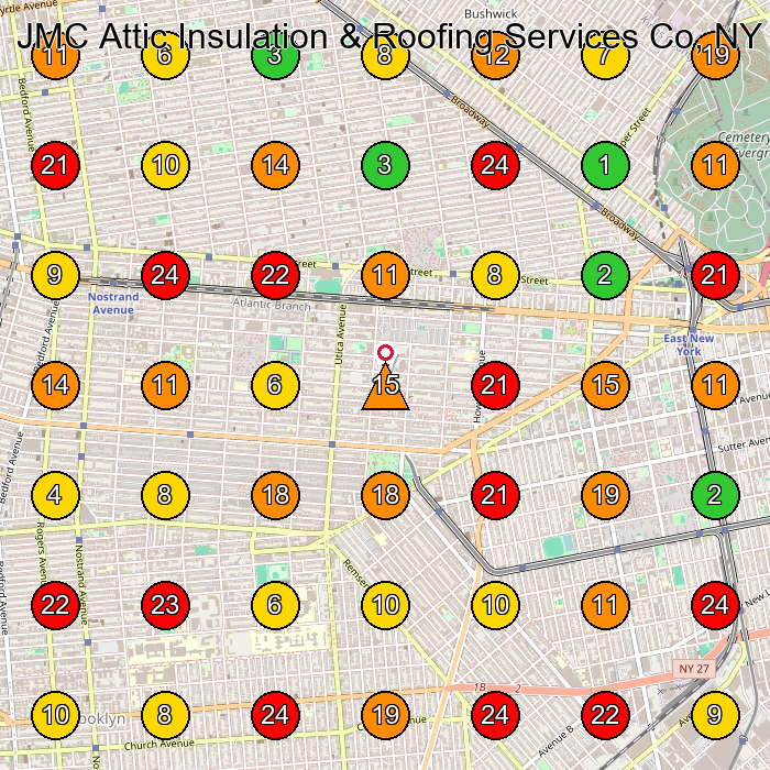 JMC Attic Insulation & Roofing Services Co, NY Commercial Cleaning Service GeoGrid ranking map for Brooklyn NY